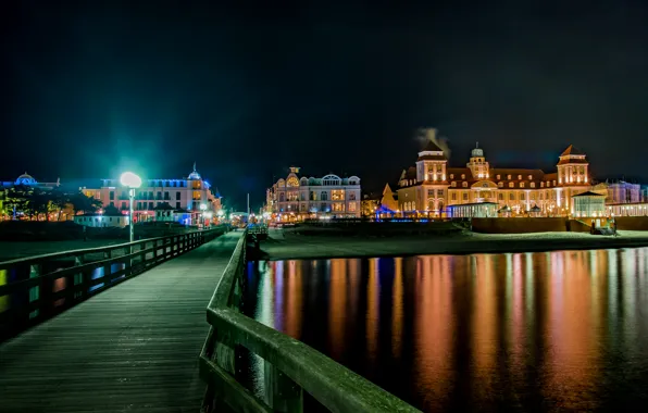 Picture night, bridge, lights, river, home, Germany, lights, Binz