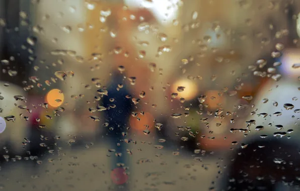 Autumn, glass, drops, the city, lights, rain, people, silhouette