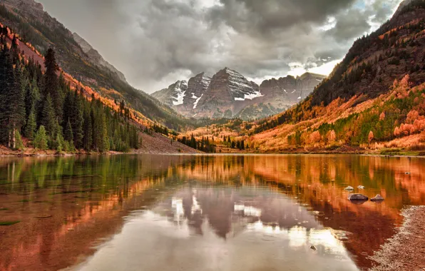 Picture autumn, the sky, clouds, mountains, lake, reflection, rocks