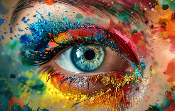 Look, girl, squirt, face, eyes, paint, rainbow, spot