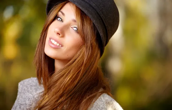 Greens, look, background, portrait, hat, makeup, hairstyle, brown hair