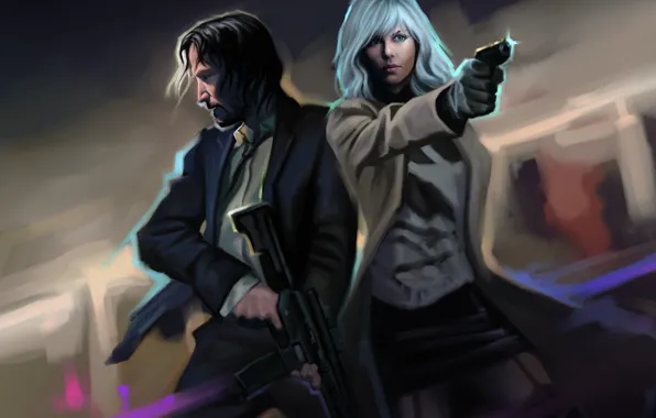 Charlize Theron, woman, blonde, male, killer, art, Keanu Reeves, john wick