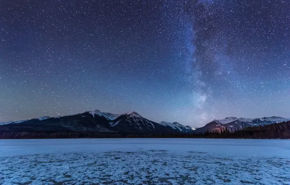 Snow, trees, mountains, lake, The Milky Way, frozen lake