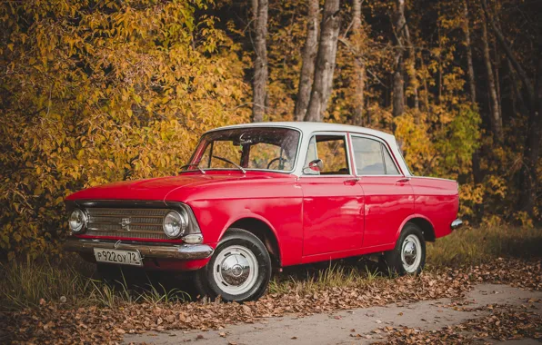 Autumn, red, nature, retro, car, Muscovite