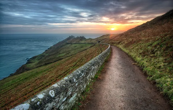 Picture road, sea, the sky, clouds, sunset, mountains, the fence