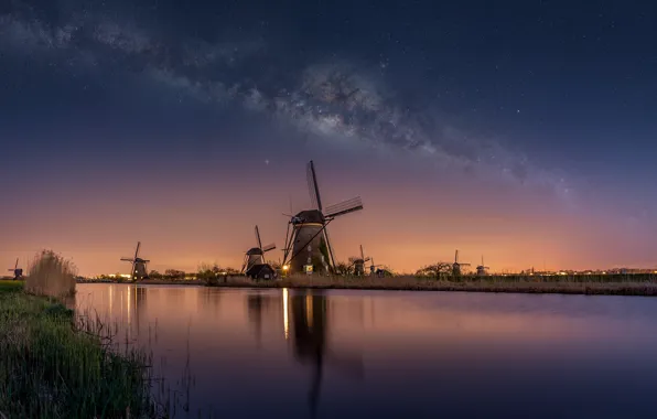 Picture the sky, water, stars, night, river, channel, Netherlands, the milky way