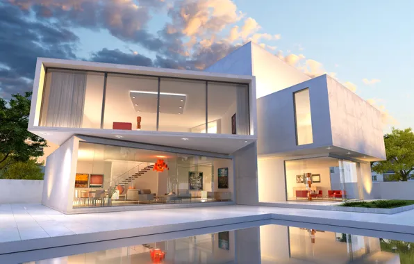 Picture the sky, pool, window, ladder, pool, mansion, luxury, mansion