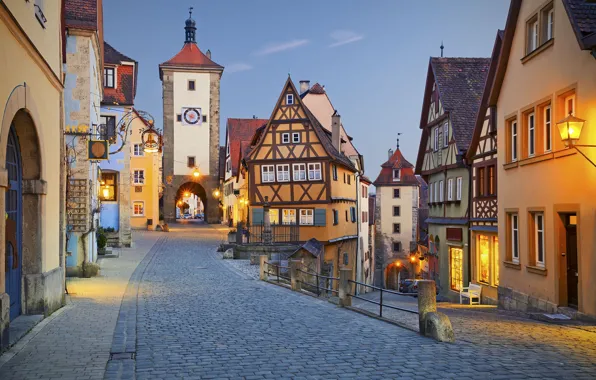 Lights, street, tower, home, the evening, Germany, arch, Fachwerk