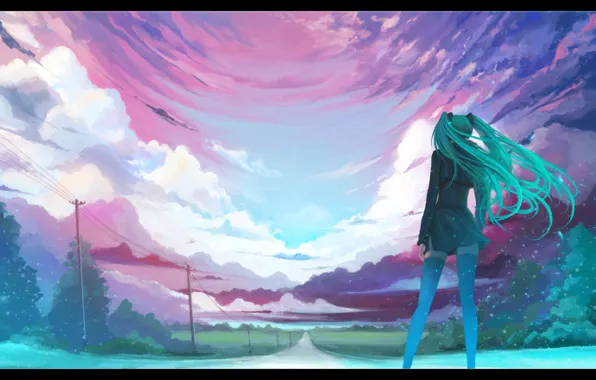 Road, girl, Vocaloid, long hair, Vocaloid, Miku hatsune