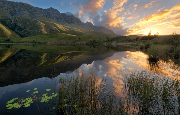 Mountains, lake, reflection, sunrise, South Africa