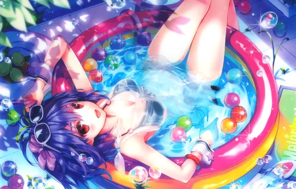 Picture water, girl, joy, bubbles, anime, pool, art, glasses