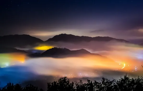 Picture clouds, mountains, lights, Japan, Hyogo, Asago