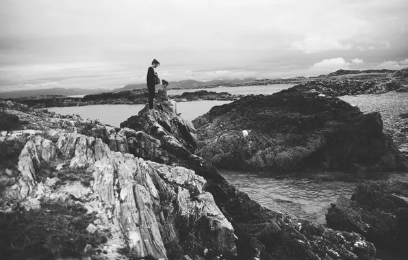 Girl, clouds, rocks, hills, Bay, the survey