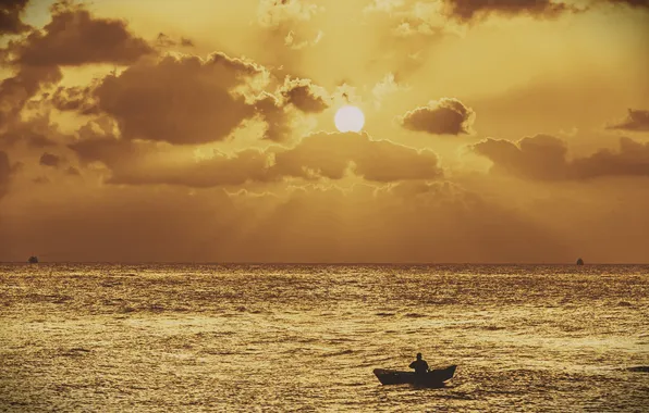 Sea, the sun, clouds, sunset, fisherman, boats, horizon, Canoeing