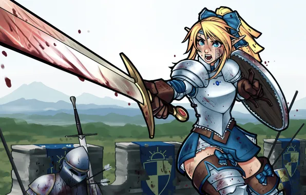 Picture girl, wall, blood, elf, sword, armor, warrior, fortress