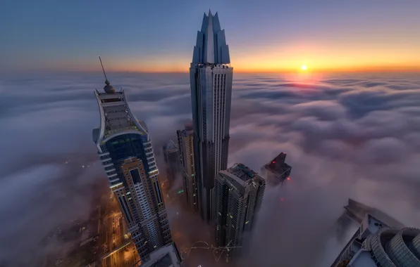 The city, fog, Dubai, skyscrapers, UAE, the top