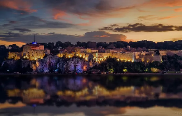 The sky, clouds, sunset, night, the city, lights, reflection, castle
