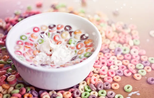 Picture squirt, color, Breakfast, milk, plate, cereal, rings