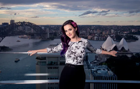 Purple, the city, smile, hair, Katy Perry, Katy Perry, singer