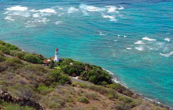 Road, sea, trees, nature, house, lighthouse, slope