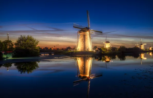 Light, night, the evening, Netherlands, Holland, windmills