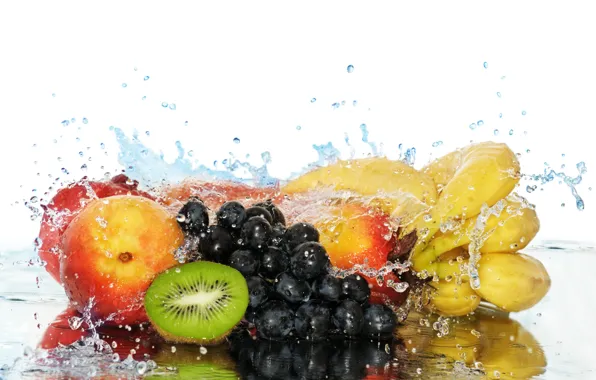Water, berries, food, splash, kiwi, grapes, bananas, fruit