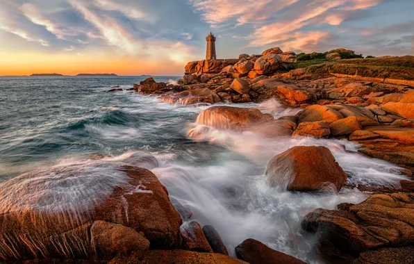 Stones, coast, France, lighthouse, Brittany, Ploumanach