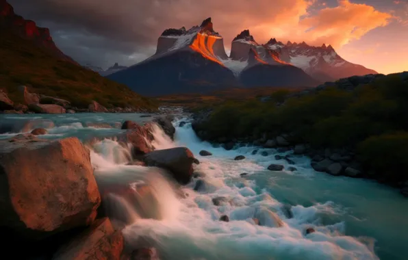 Landscape, mountains, nature, rendering, shore, waterfall, art, pond