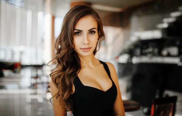 Picture girl, portrait, makeup, dress, hairstyle, brown hair, cute, in black