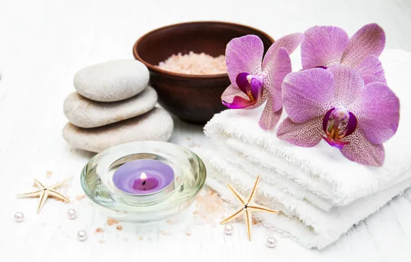 Picture flowers, towel, Orchid, Spa, sea salt