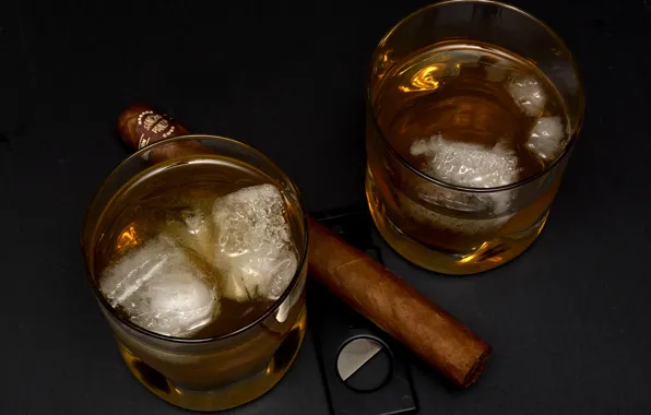 Ice, cigar, glasses, whiskey