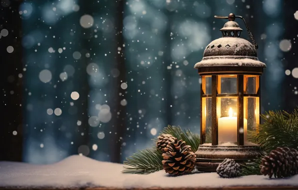 Winter, snow, night, Christmas, lantern, New year, Christmas, night