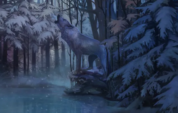 Cold, winter, loneliness, wolf, ice, predator, twilight, art