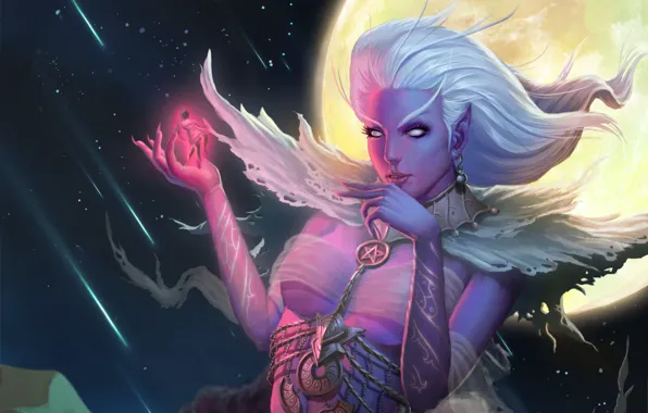 Girl, night, the moon, people, art, elf, meteor shower