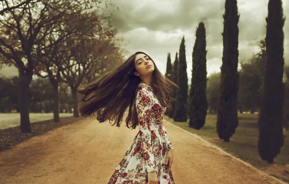 Look, girl, face, background, movement, dress