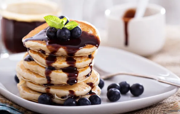 Breakfast, blueberries, mint, jam, pancakes