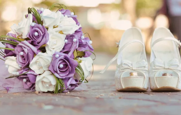 Flowers, bouquet, ring, shoes, wedding