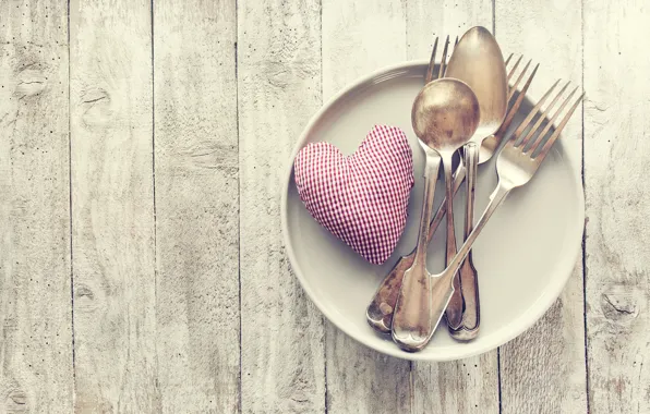 Table, plate, heart, Valentine's day, fork, spoon