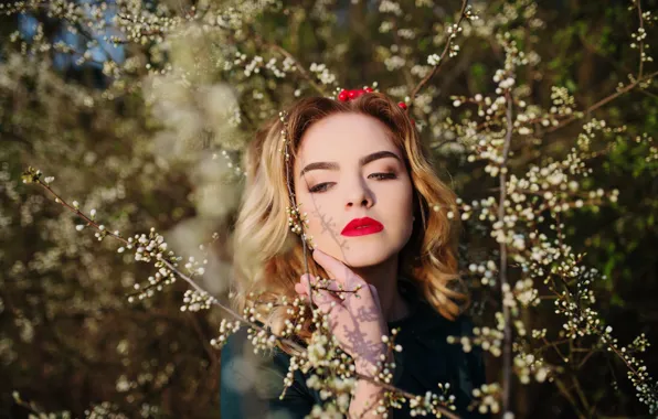 Girl, light, flowers, branches, nature, hand, portrait, spring