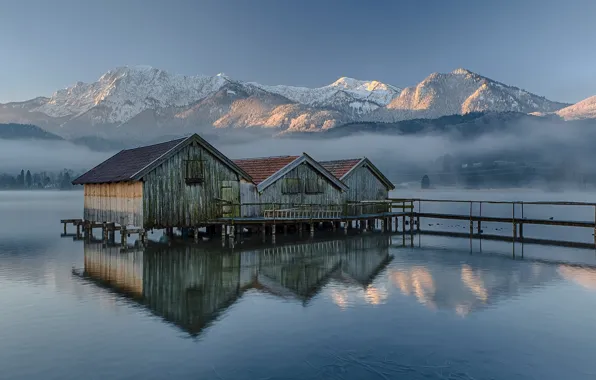 The sky, mountains, lake, morning, Germany, Bayern, boat houses