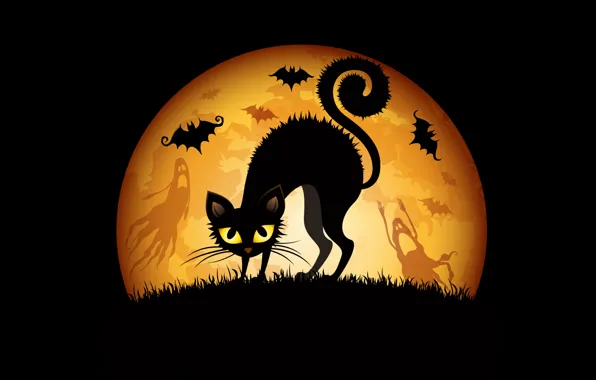 Picture cat, grass, The moon, Halloween, Halloween, ghosts, bats