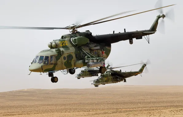 Picture desert, flight, helicopters, Mi-8AMTSH, Mi-24P