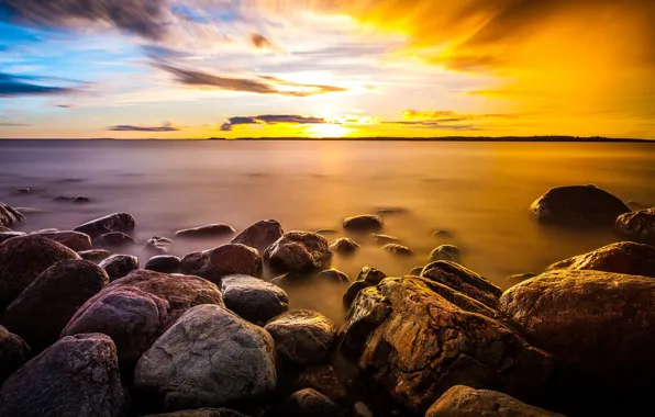 Sea, the sky, the sun, clouds, light, landscape, sunset, stones