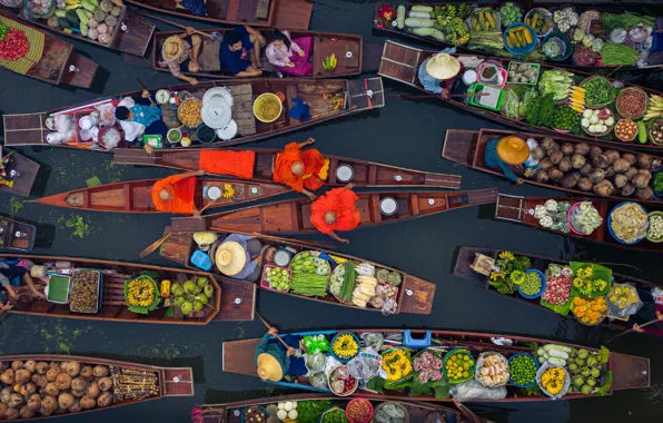 River, boats, Thailand, fruit, vegetables, Bazaar, Tha Kha