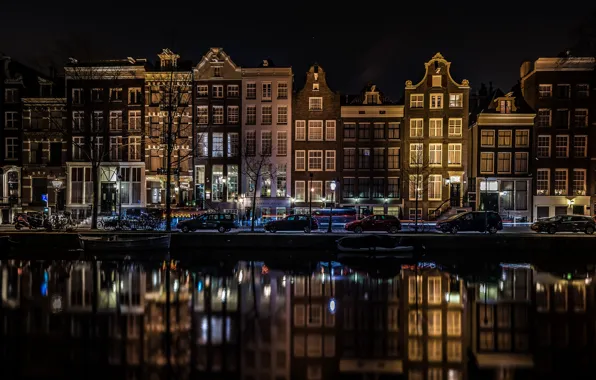 Picture night, lights, reflection, home, Amsterdam, channel, Netherlands, promenade