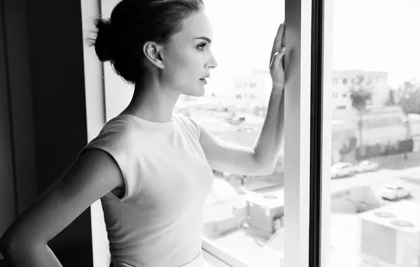 Girl, actress, window, profile, black and white, Natalie Portman, Natalie Portman
