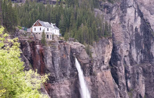 Download wallpaper waterfall, Bridal Veil Falls, Colorado, house ...