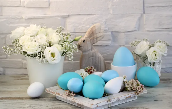 Picture flowers, Easter, happy, white roses, flowers, spring, Easter, eggs