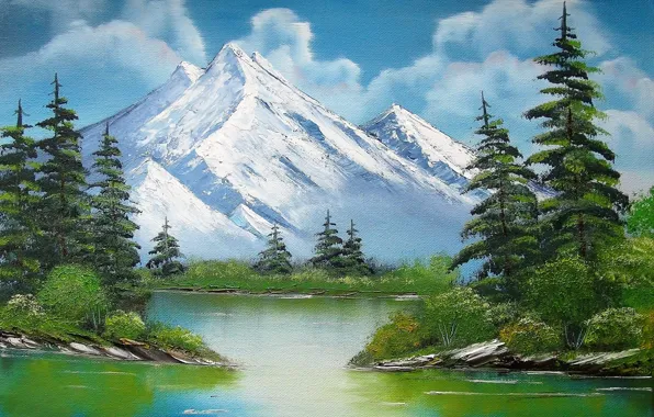 Trees, landscape, mountains, lake, picture