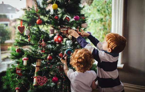 Picture Children, Christmas, Window, Tree, Two, Christmas, Tree, Kids